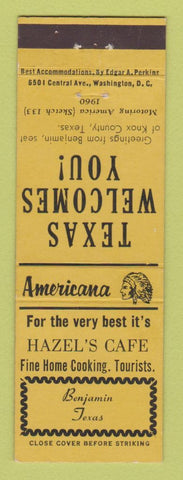 Matchbook Cover - Hazel's Cafe Benjamin TX Perkins Americana YELLOW