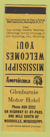 Matchbook Cover - Glenburnie Motor Hotel Woodville MS Perkins Americana YELLOW