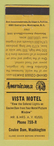 Matchbook Cover - Vista Motel Coulee Dam WA Perkins Americana YELLOW