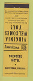 Matchbook Cover - Cherokee Motel Cloverdale VA Perkins Americana YELLOW