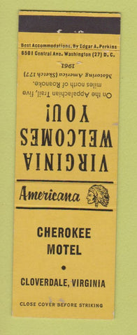 Matchbook Cover - Cherokee Motel Cloverdale VA Perkins Americana YELLOW