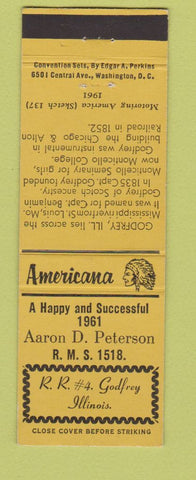 Matchbook Cover - Peterson Match Collector Godfrey IL Perkins Americana YELLOW