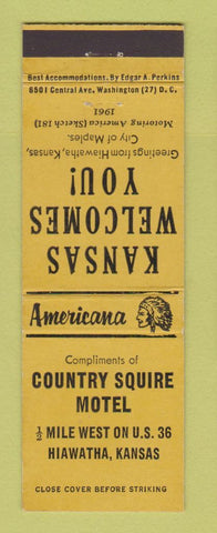 Matchbook Cover - Country Squire Motel Hiawatha KS Perkins Americana YELLOW