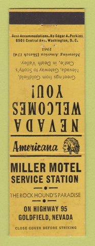 Matchbook Cover - Miller Motel oil gas Goldfield NV Perkins Americana YELLOW
