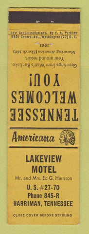 Matchbook Cover - Lakeview Motel Harriman TN Perkins Americana YELLOW