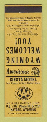 Matchbook Cover - Siesta Motel Kaycee WY Perkins Americana YELLOW