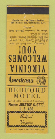 Matchbook Cover - Bedford Motel VA Perkins Americana YELLOW