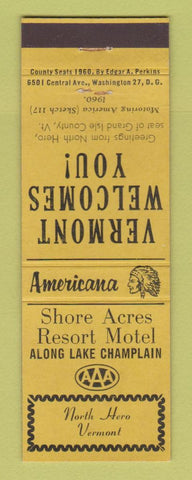 Matchbook Cover Shore Acres Resort Motel North Hero VT Perkins Americana YELLOW