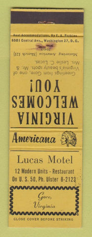 Matchbook Cover - Lucas Motel Gore VA WEAR Perkins Americana YELLOW