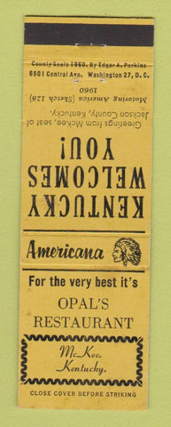 Matchbook Cover - Opal's Restaurant McKee KY Perkins Americana YELLOW