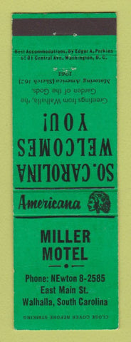 Matchbook Cover - Miller Motel Walhalla SC Perkins Americana GREEN