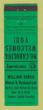 Matchbook Cover - William Vance Motel Tarboro NC Perkins Americana GREEN