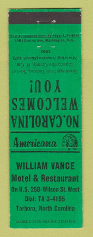 Matchbook Cover - William Vance Motel Tarboro NC Perkins Americana GREEN