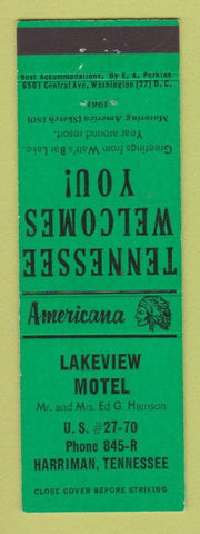 Matchbook Cover - Lakeview Motel Harriman TN Perkins Americana GREEN