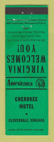 Matchbook Cover - Cherokee Motel Cloverdale VA WEAR Perkins Americana GREEN