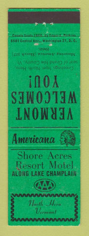 Matchbook Cover - Shore Acres Resort Motel North Hero VT Perkins Americana GREEN