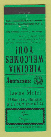 Matchbook Cover - Lucas Motel Gore VA Perkins Americana GREEN