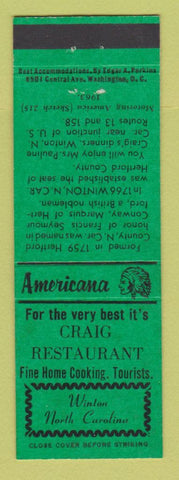 Matchbook Cover - Craig Restaurant Winton NC Perkins Americana GREEN
