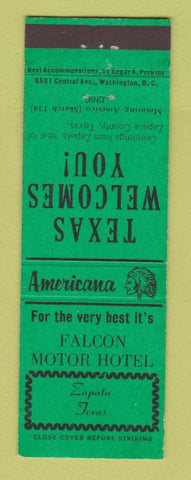 Matchbook Cover - Falcon Motor Hotel Zapata TX Perkins Americana GREEN