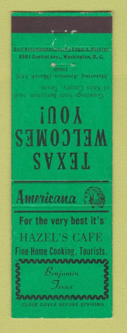 Matchbook Cover - Hazel's Cafe Benjamin TX Perkins Americana GREEN