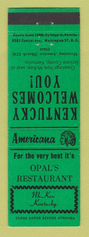 Matchbook Cover - Opal's Restaurant McKee KY Perkins Americana GREEN