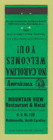 Matchbook Cover - Mountain View Motel Robbinsville NC Perkins Americana GREEN