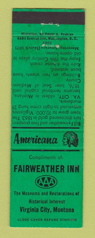 Matchbook Cover - Fairweather Inn Virginia City MT WEAR Perkins Americana GREEN