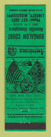 Matchbook Cover - Bungalow Court Liberty MS Civil War Perkins Americana GREEN