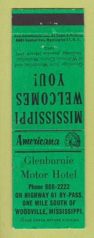 Matchbook Cover - Glenburnie Motor Hotel Woodville MS Perkins Americana GREEN