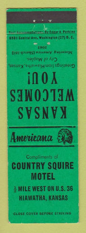 Matchbook Cover - Country Squire Motel Hiawatha KS Perkins Americana GREEN