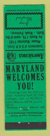 Matchbook Cover - B&W Esso oil gas Jessup MD Perkins Americana GREEN
