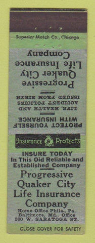 Matchbook Cover - Progressive Quaker City Insurance Philadelphia PA WEAR
