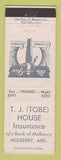 Matchbook Cover - JT Tobe House Insurance Mulberry AR WEAR
