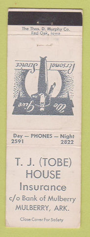 Matchbook Cover - JT Tobe House Insurance Mulberry AR WEAR