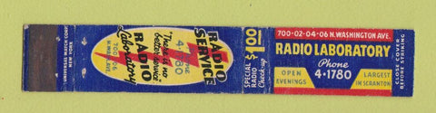 Matchbook Cover - Radio Laboratory Service Scranton PA 10 Strike
