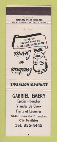 Matchbook Cover - Gabriel Emery Grocery Berthier QC St Damien de Brandon