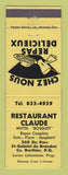 Matchbook Cover - Restaurant Claude Motel Berthier QC St Damien de Brandon