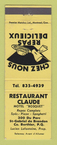 Matchbook Cover - Restaurant Claude Motel Berthier QC St Damien de Brandon