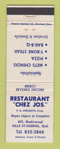 Matchbook Cover - Restaurant Chez Jos Ville St Gabriel QC