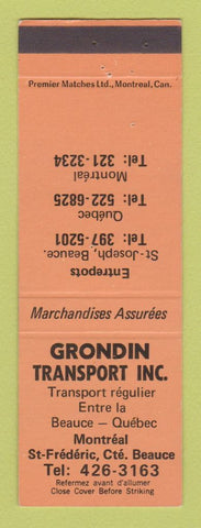 Matchbook Cover - Grondin Transport Trucking St Frederic Beauce QC