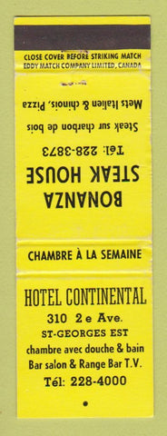 Matchbook Cover - Hotel Continental Bonanza Steak House St Georges QC