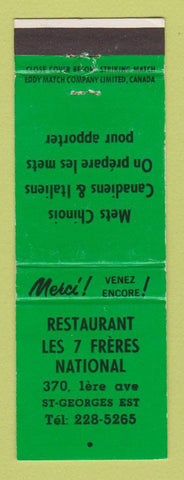 Matchbook Cover - Restaurant Les 7 Freres National St Georges Est QC WEAR