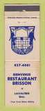 Matchbook Cover - Bienvenue Restaurant Brisson Lavaltrie QC WEAR