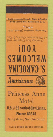 Matchbook Cover - Princess Anne Motel Kingstree SC Perkins Americana ORANGE