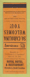Matchbook Cover - Royal Hotel Winnsboro SC Perkins Americana ORANGE