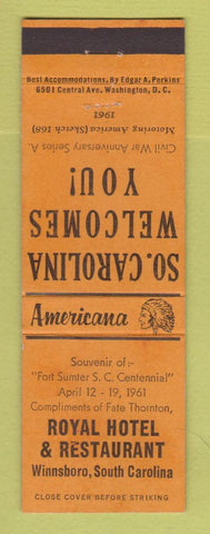 Matchbook Cover - Royal Hotel Winnsboro SC Perkins Americana ORANGE