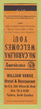 Matchbook Cover - William Vance Motel Tarboro NC Perkins Americana ORANGE