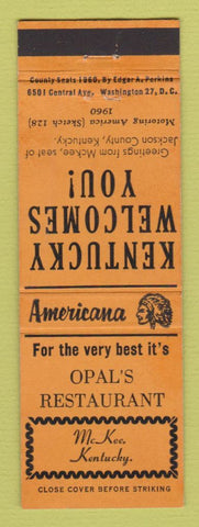 Matchbook Cover - Opal's Restaurant McKee KY Perkins Americana ORANGE