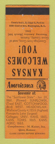 Matchbook Cover - M Kaiser Insurance Gove KS Perkins Americana ORANGE