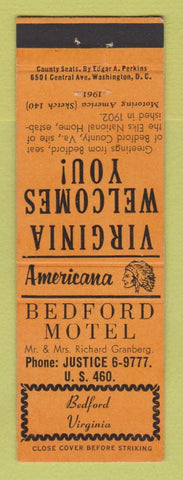 Matchbook Cover - Bedford Motel VA Perkins Americana ORANGE